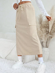 Drawstring Pockets Solid Color Split-Back Split-Joint A-Line Loose Skirts Bottoms