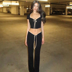 Bella Contrast Trim Square Neck Crop Top & Flare Pants Set