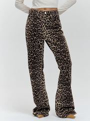 Buttoned Leopard Pockets Split-Joint Loose Trousers Pants