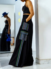 High Waisted Loose Pockets Split-Joint Striped Pants Trousers
