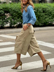 Buttoned Pockets Solid Color Split-Joint Loose Wide Leg Cropped Trousers Capri-Pants