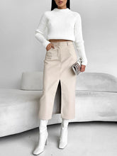 Pockets Solid Color Split-Front Zipper Skinny Wrap Skirts Bottoms