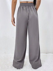 Elasticity Pleated Pockets Solid Color High Waisted Loose Trousers Pants