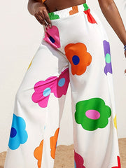 Elasticity Flower Print Split-Joint High Waisted Loose Trousers Pants