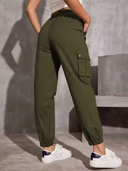 Elasticity Pockets Solid Color Split-Joint Tied Waist High Waisted Trousers Cargo Pants