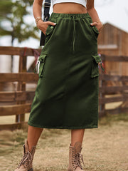 Buttoned Drawstring Pockets Solid Color Split-Joint A-line Skirts Bottoms