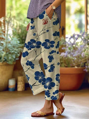 Women's Cherry Blossom Loose Pocket Patchwork Casual Pants