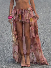 Floral Printed Ruffled Irregular Long Skirt