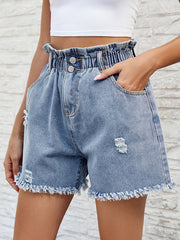 Buttoned Elasticity Fringed Pockets Loose Wide Leg Shorts Bottoms Jean Pants Bottoms
