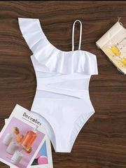 Ruffle Edge Patchwork Diagonal Collar Sexy One-Piece Bikini