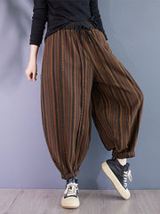 Drawstring Elasticity Split-Joint Striped Harem Pants High Waisted Trousers Pants