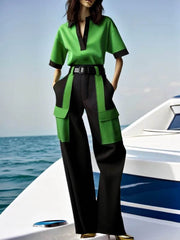 Contrast Color No Belt Pockets Split-Joint Half Sleeves Loose V-Neck Trousers Casual Pants Bottoms