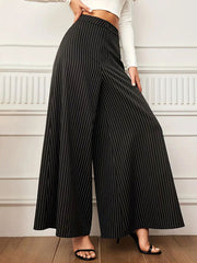 Buttoned Split-Joint Striped High Waisted Wide Leg Trousers Pants