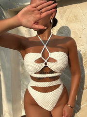 Beige Drawstring Split Bikini Luoguo Sexy Swimsuit