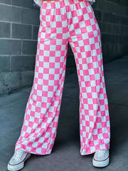 Contrast Color Elasticity Plaid Pockets High Waisted Loose Trousers Pants