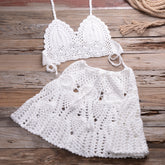 Crocheted Hollow Out Split Bikini with Pleated Skirt