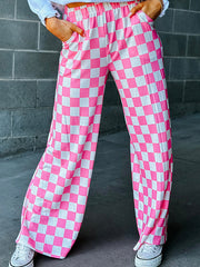 Contrast Color Elasticity Plaid Pockets High Waisted Loose Trousers Pants