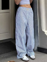 Elasticity Split-Joint Striped High Waisted Loose Trousers Pants