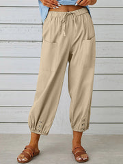 Buttoned Drawstring Elasticity Pockets Split-Joint High Waisted Loose Trousers Ninth Pants
