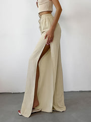 Drawstring Elasticity Solid Color Split-side High Waisted Loose Trousers Pants