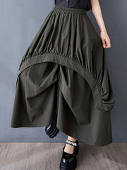Asymmetric Elasticity Pleated Pockets Solid Color A-Line Loose Skirts Bottoms