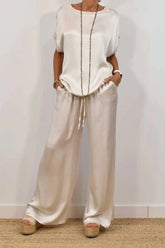 Casual Draw String Pocket O Neck Short Sleeve Two Pieces(4 Colors)
