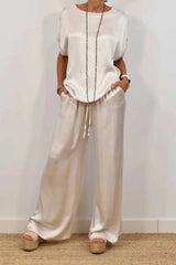 Casual Draw String Pocket O Neck Short Sleeve Two Pieces(4 Colors)