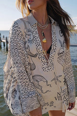 Casual Graffiti Print Tassel Contrast V Neck Long Sleeve Two Pieces