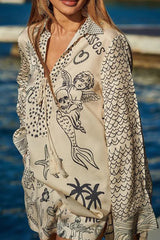 Casual Graffiti Print Tassel Contrast V Neck Long Sleeve Two Pieces