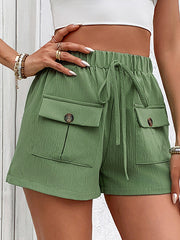 Buttoned Drawstring Elasticity Pockets Solid Color High Waisted Loose Shorts Bottoms
