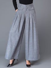 Loose Wide Leg Buttoned No Belt Pleated Pockets Solid Color Split-Joint Pants Trousers