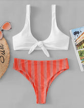 Fashion White Front Knot Striped Bikini Set