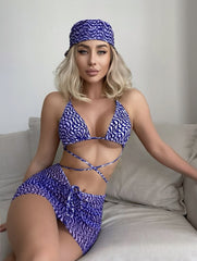Veil Drawstring Three-Piece Bikini Swimsuit