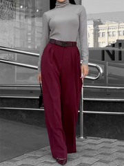 Pleated Solid Color Split-Joint High Waisted Loose Trousers Suit Pants