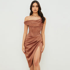 Isla Asymmetric Shoulder Stitch Slit Midi Dress