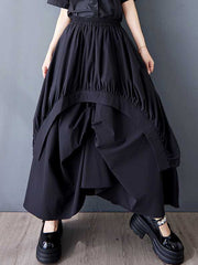 Asymmetric Elasticity Pleated Pockets Solid Color A-Line Loose Skirts Bottoms