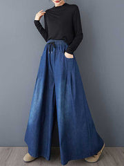 Drawstring Elasticity Pleated Pockets High Waisted Loose Jean Pants Bottoms