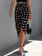Drawstring Pleated Polka-Dot Split-front Bodycon High Waisted Skirts Bottoms