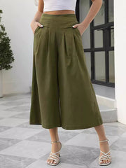 Pleated Pockets Solid Color Split-Joint Flared Pants High Waisted Trousers Ninth Pants