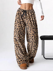 Drawstring Elasticity Leopard Split-Joint Loose Wide Leg Trousers Pants