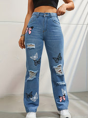 Butterfly Print Fringed Ripped Split-Joint High Waisted Jean Pants Bottoms