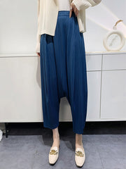 Elasticity Pleated Solid Color Split-Joint Harem Pants High Waisted Trousers Pants Ninth Pants