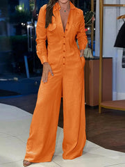 Solid Color Poket Long Sleeves Casual Jumpsuits