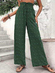 Drawstring Elasticity Jacquard Solid Color High Waisted Loose Trousers Pants