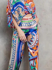 High Waisted Loose Buttoned Pleated Pockets Printed Split-Joint Pants Trousers