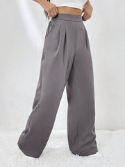 Elasticity Pleated Pockets Solid Color High Waisted Loose Trousers Pants