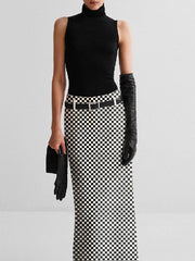 No Belt Plaid Printed Split-back H-line Skirts Bottoms