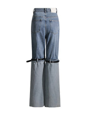 Belt Buckle Split-Joint High Waisted Loose Jean Pants Bottoms