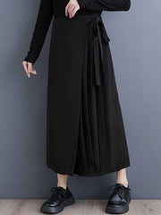 Asymmetric Elasticity Solid Color Tied Waist False Two High Waisted Ninth Pants Culotte
