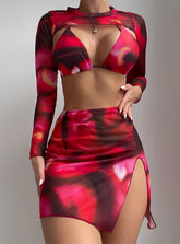 Printed Gauze Skirt Three-piece Bikini